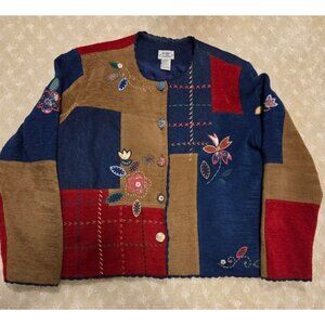 Koret City Blues Jacket Womens Large Patchwork Denim Corduroy Embroidered Floral